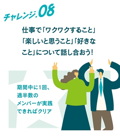 仕事で「ワクワクすること」「楽しいと思うこと」「好きなこと」について話し合おう 期間中に1回、過半数のメンバーが実践できればクリア